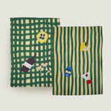 Sera tea towel, green stripe and check, set of 2
