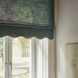 Scalloped Edge Linen roman blind - Petrol/terracotta