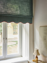 Scalloped Edge Linen roman blind - Petrol/terracotta