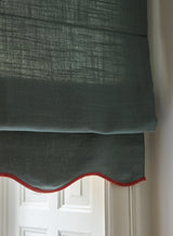 Scalloped Edge Linen roman blind - Petrol/terracotta