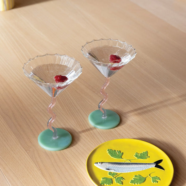 Coupe curve cocktail glass, pink & green, set of 2