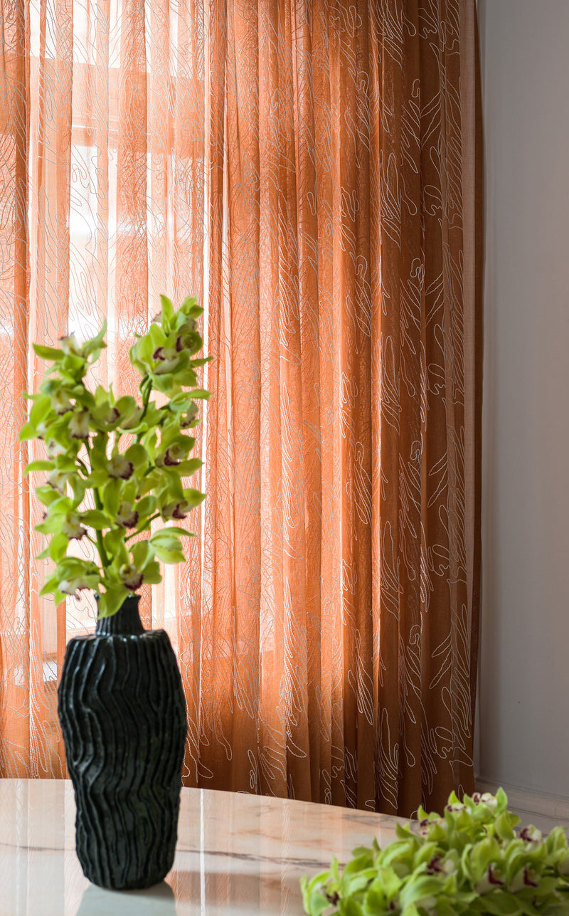 Embroidered Voile sheer curtain - Terracotta