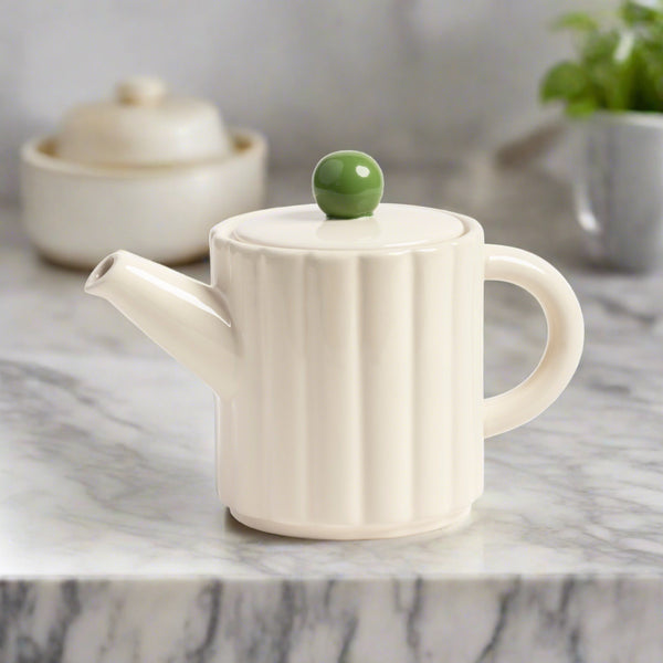 Stoneware tea pot, off white & sage