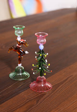 Xmas Tree hand-blown Glass candle holder, pink & green
