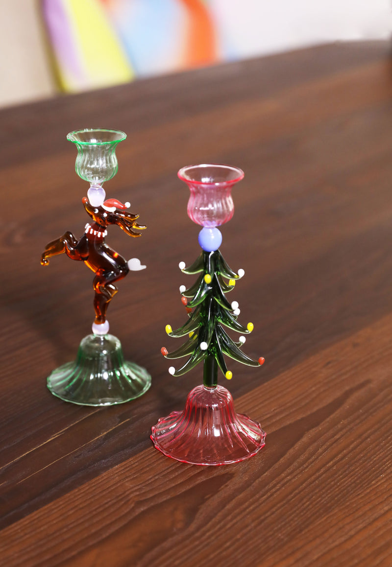 Xmas Tree hand-blown Glass candle holder, pink & green