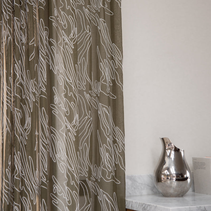 Embroidered Sheer voile curtain fabric sample – Khaki