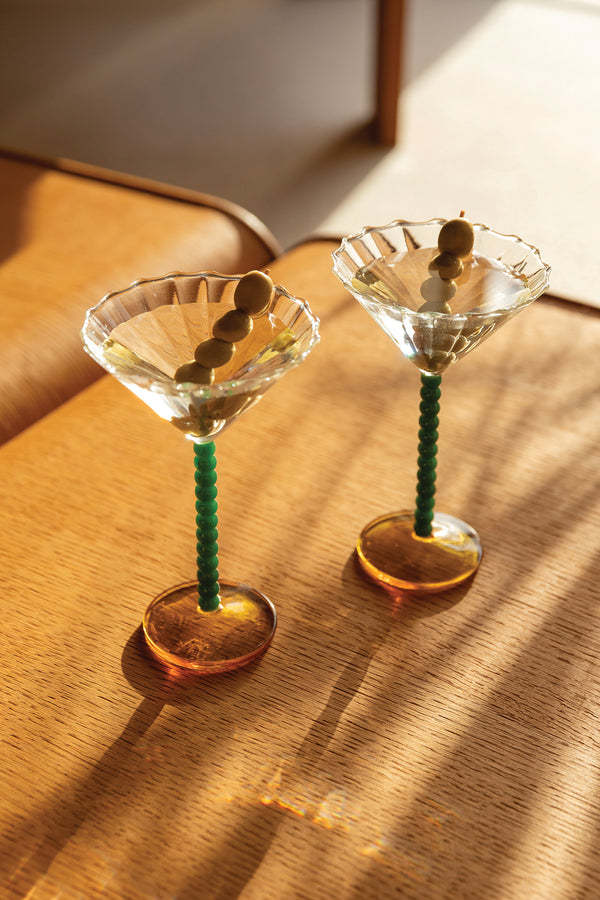 Coupe pearl cocktail glass, green & amber, set of 2