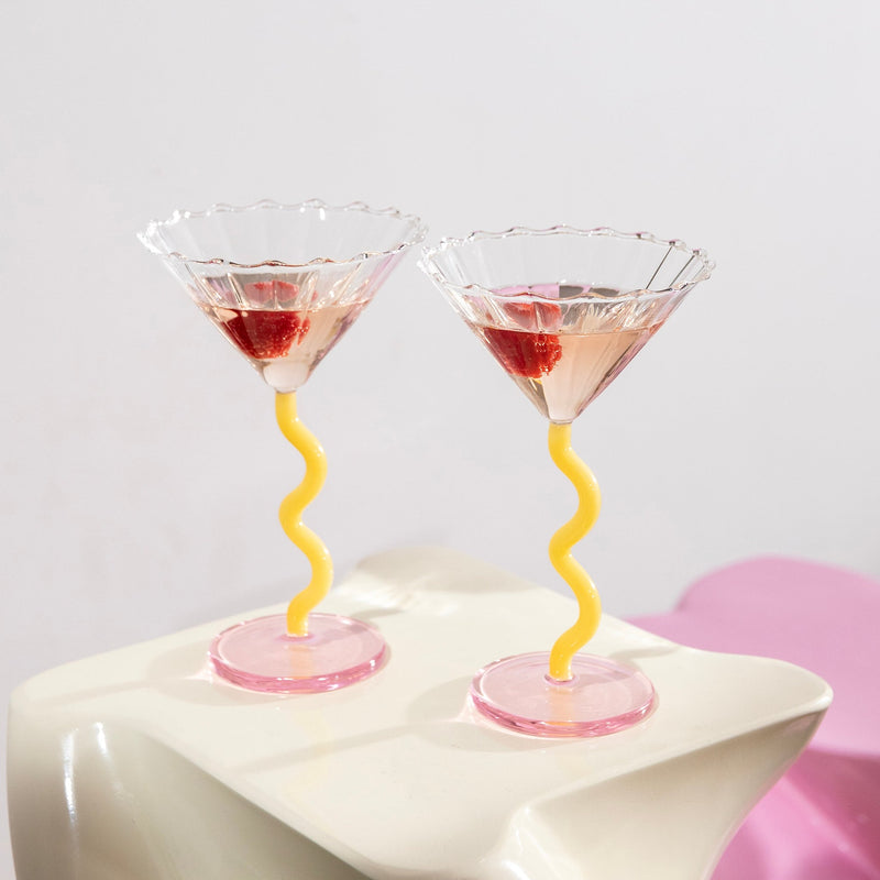 Coupe curve cocktail glass, caramel & pink, set of 2