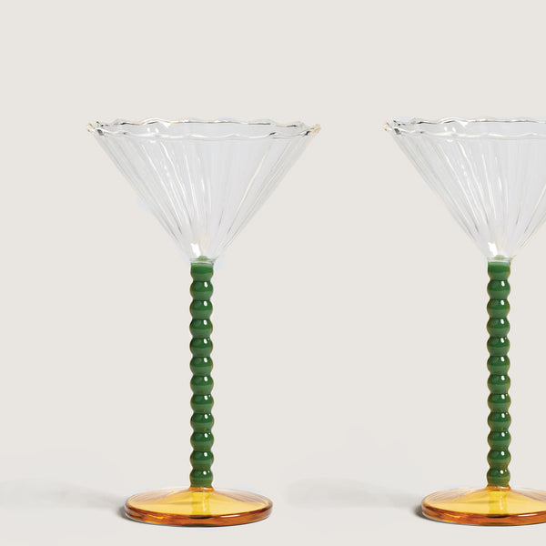 Coupe pearl cocktail glass, green & amber, set of 2