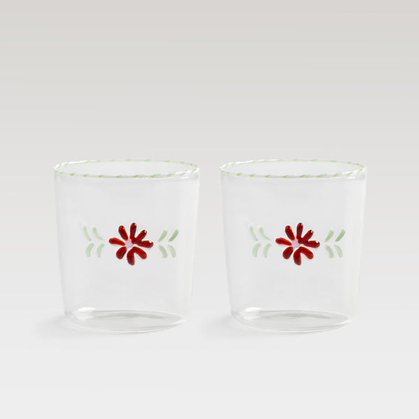 Flora water glass, red & green, set of 2