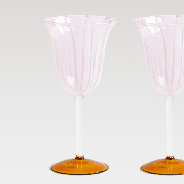 Stripe tulip wine glass, pink & amber, set of 2