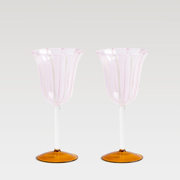 Stripe tulip wine glass, pink & amber, set of 2