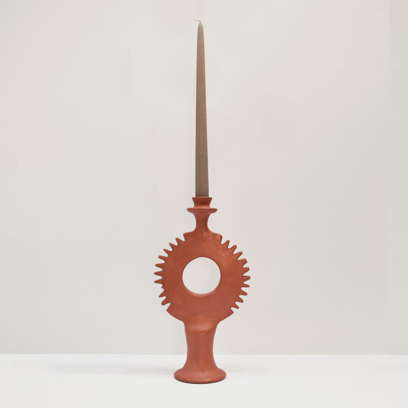 Moroccan handmade Tadelakt Sunburst candlestick, large, terracotta