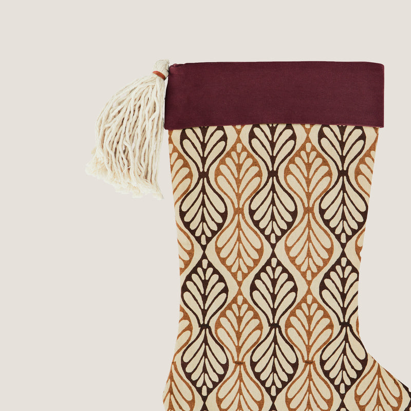 Printed Christmas stocking with tassel, Burgundy and Mustard