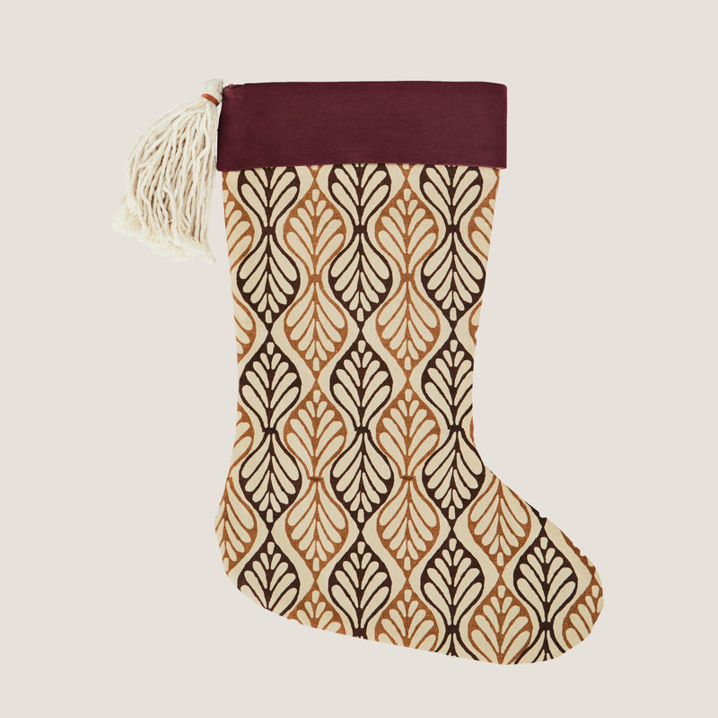 Printed Christmas stocking with tassel, Burgundy and Mustard