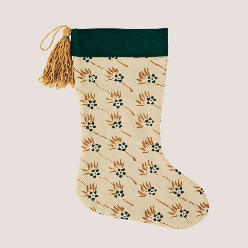 Printed Christmas stocking with tassel, Green and oat