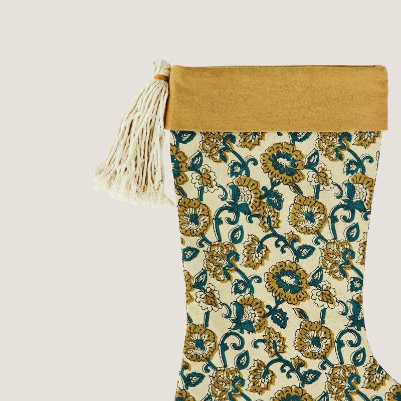 Printed Christmas stocking with tassel, Gold and green