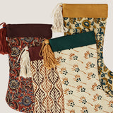 Printed Christmas stocking with tassel, Burgundy and Mustard