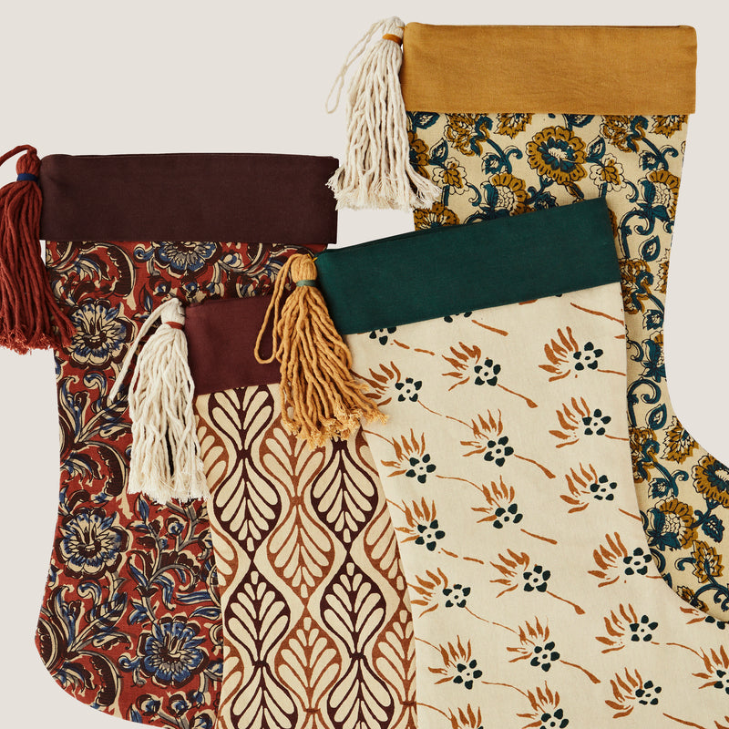 Printed Christmas stocking with tassel, Burgundy and Mustard