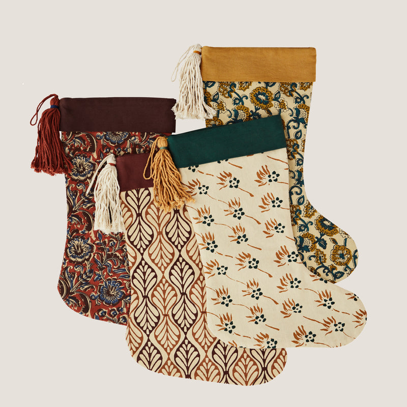 Printed Christmas stocking with tassel, Burgundy and Mustard