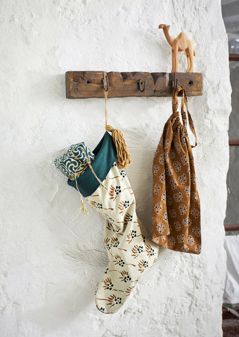 Printed Christmas stocking with tassel, Burgundy and Petrol