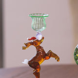 Xmas Tree hand-blown Glass candle holder, pink & green
