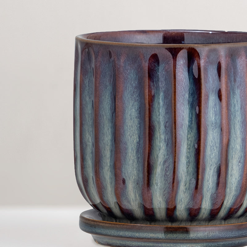 Drago blue stoneware plant pot with saucer