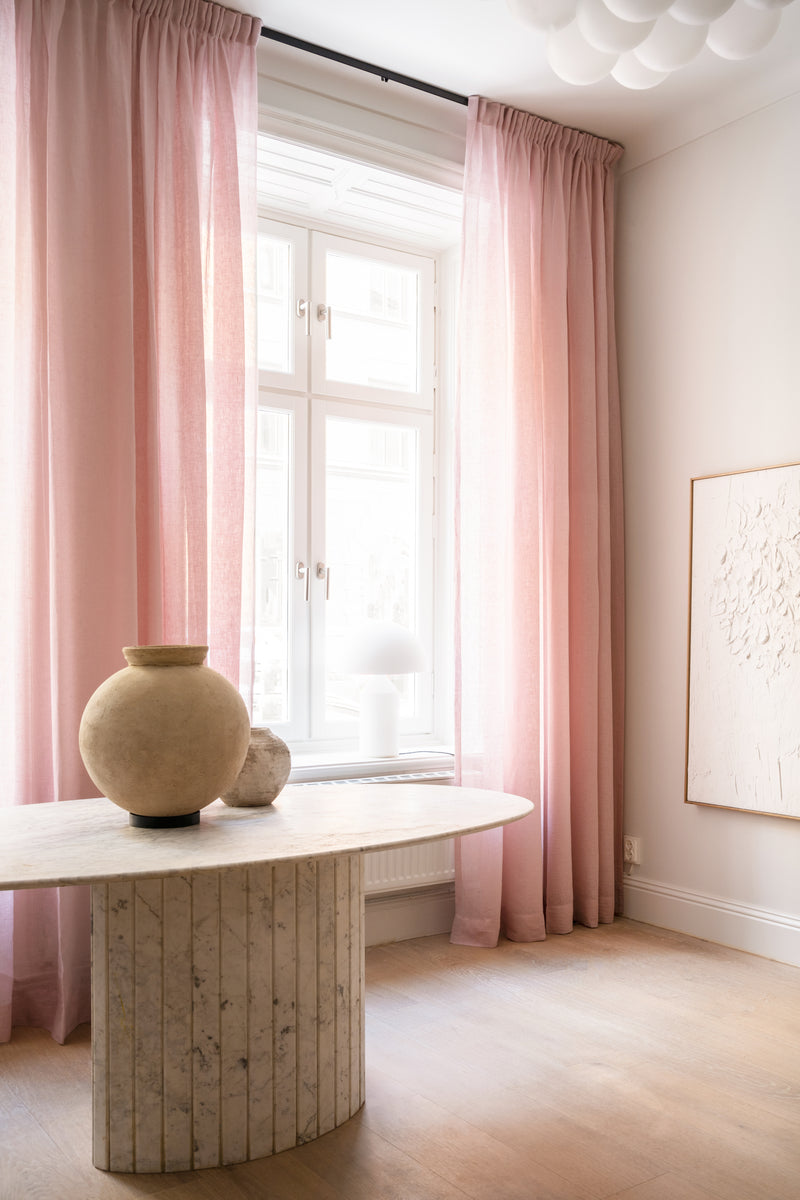 Sheer linen curtain fabric sample – pink