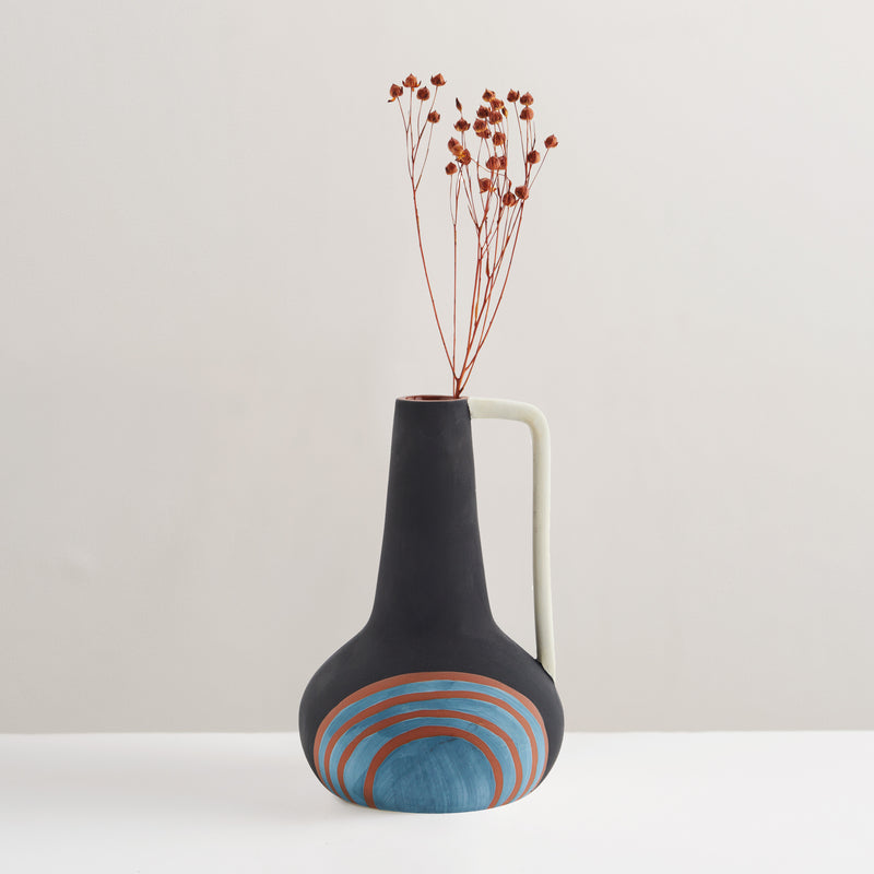 Hand painted terracotta glazed vase with handle
