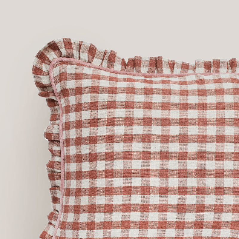 Wes gingham blush frill cushion