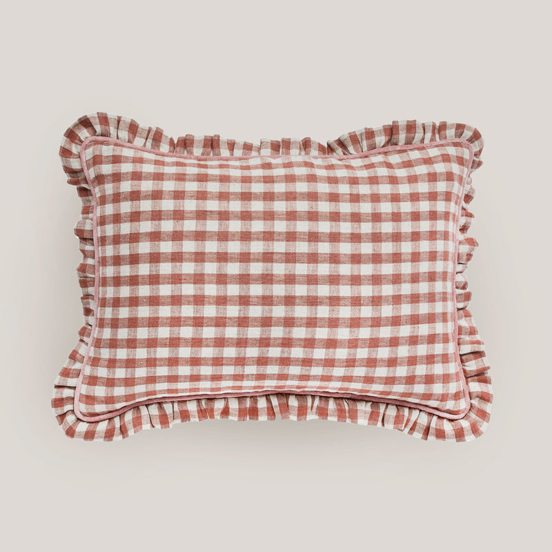 Wes gingham blush frill cushion